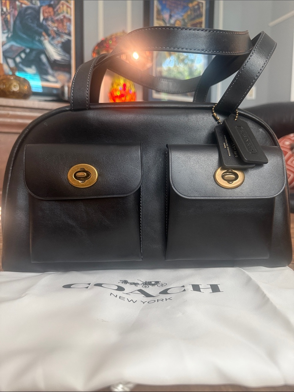Coach Black Leather Dual-Pocket Satchel with Gold Hardware